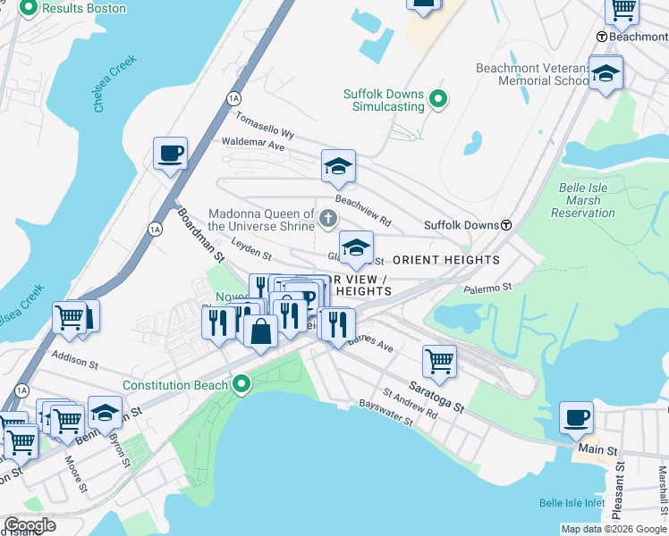 map of restaurants, bars, coffee shops, grocery stores, and more near 166 Leyden Street in Boston