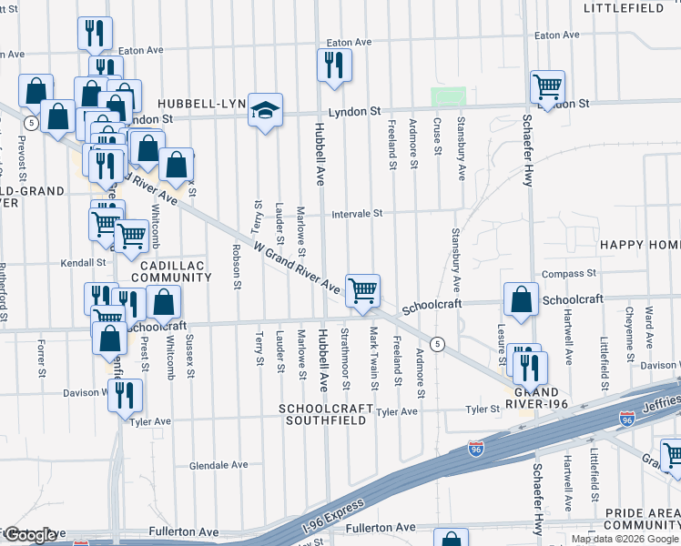 map of restaurants, bars, coffee shops, grocery stores, and more near in Detroit
