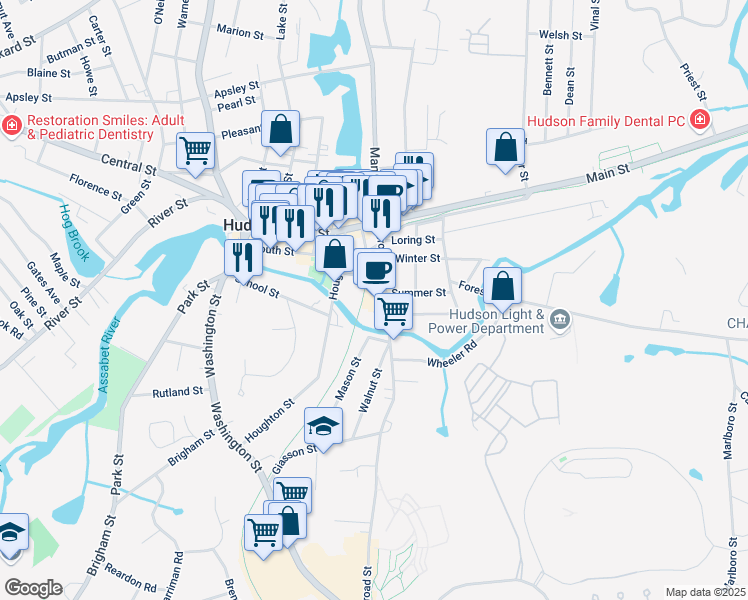 map of restaurants, bars, coffee shops, grocery stores, and more near 43 Broad Street in Hudson