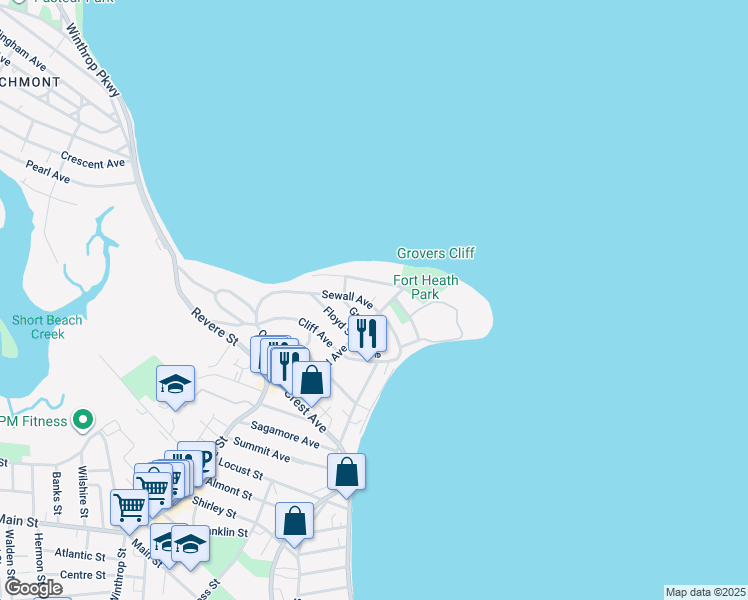 map of restaurants, bars, coffee shops, grocery stores, and more near 41 Sewall Avenue in Winthrop