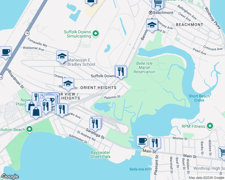 map of restaurants, bars, coffee shops, grocery stores, and more near 14 Swan Avenue in Boston