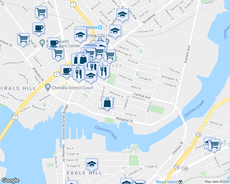 map of restaurants, bars, coffee shops, grocery stores, and more near 154 Congress Avenue in Chelsea