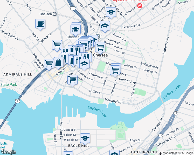 map of restaurants, bars, coffee shops, grocery stores, and more near 54 Shawmut Street in Chelsea