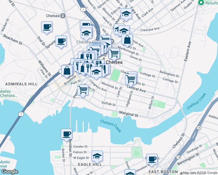 map of restaurants, bars, coffee shops, grocery stores, and more near 54 Shawmut Street in Chelsea
