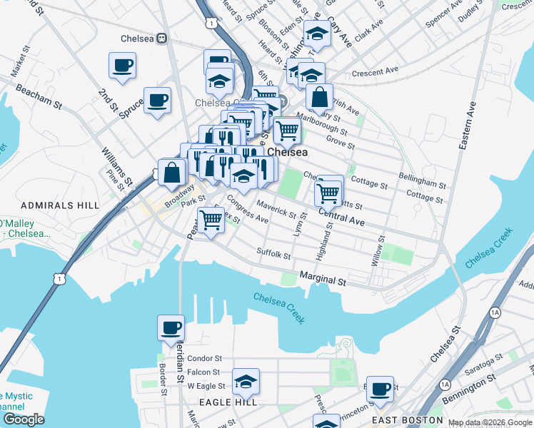 map of restaurants, bars, coffee shops, grocery stores, and more near 54 Shawmut Street in Chelsea
