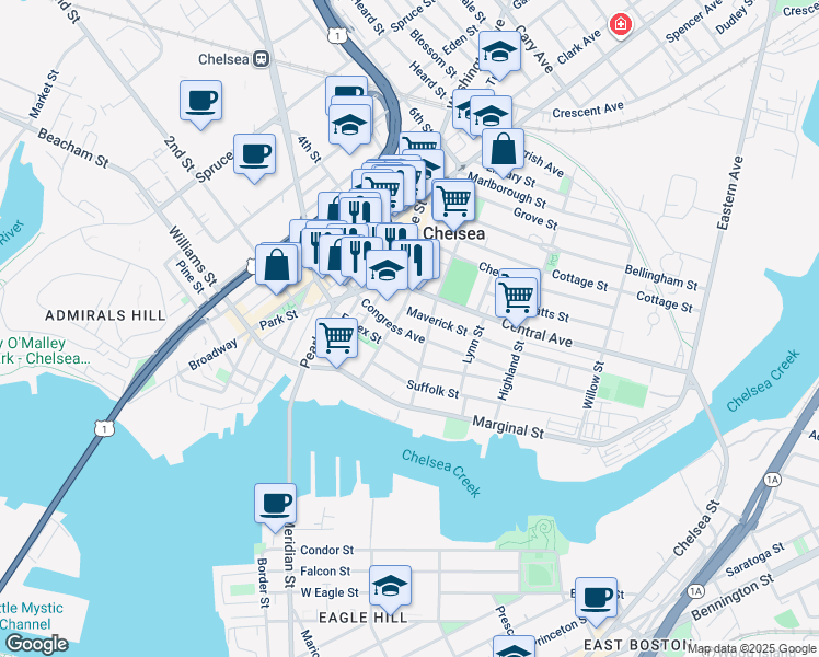 map of restaurants, bars, coffee shops, grocery stores, and more near 54 Shawmut Street in Chelsea