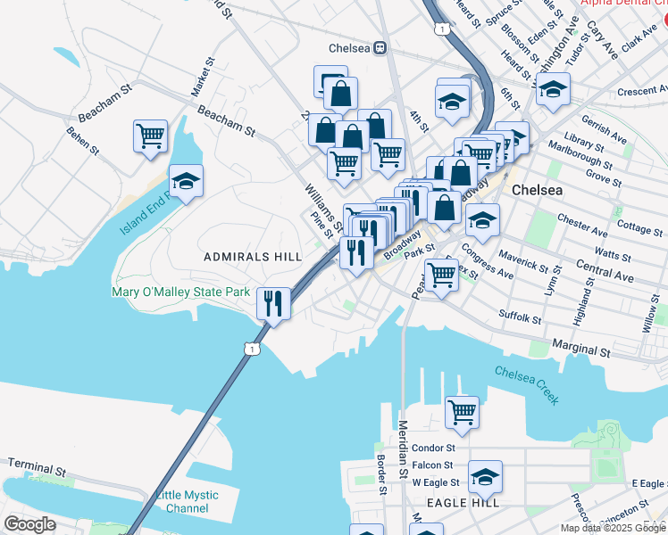 map of restaurants, bars, coffee shops, grocery stores, and more near 69 Broadway in Chelsea