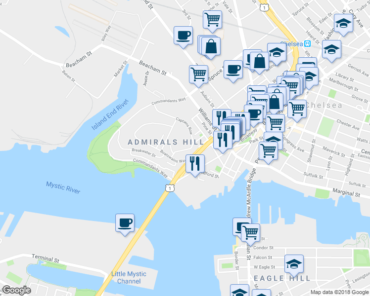 map of restaurants, bars, coffee shops, grocery stores, and more near 1 Boatswains Way in Chelsea