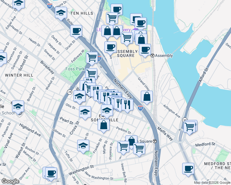 map of restaurants, bars, coffee shops, grocery stores, and more near 34 Indiana Avenue in Somerville