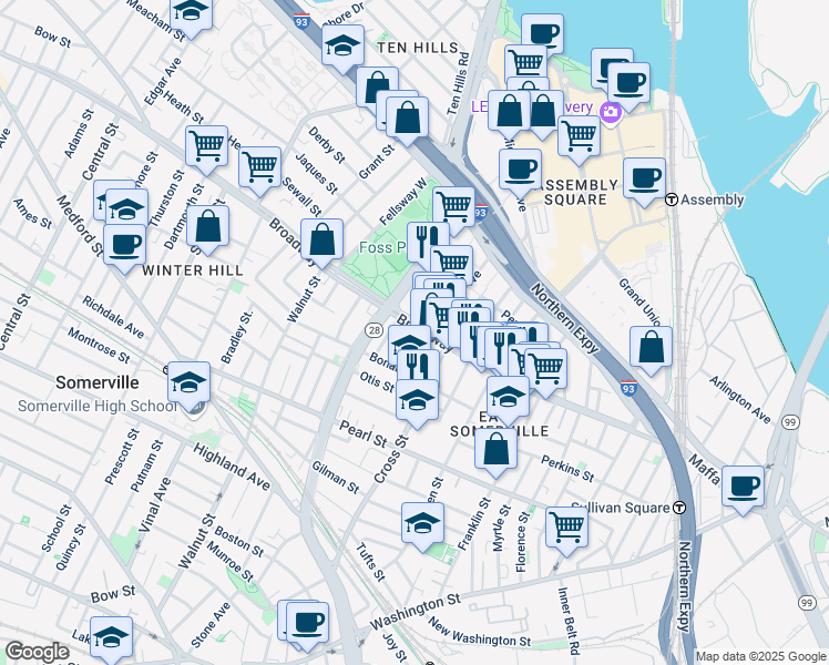 map of restaurants, bars, coffee shops, grocery stores, and more near 174 Broadway in Somerville