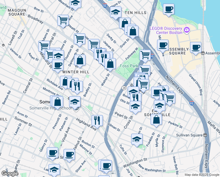 map of restaurants, bars, coffee shops, grocery stores, and more near 39 Wigglesworth Street in Somerville