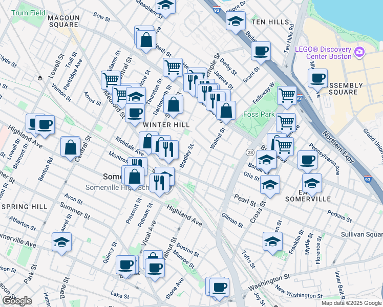 map of restaurants, bars, coffee shops, grocery stores, and more near 19 Bradley Street in Somerville