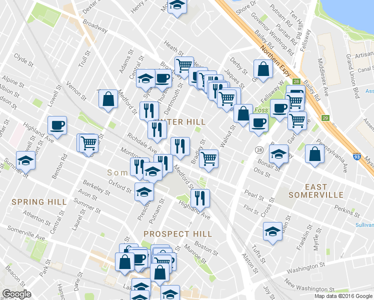 map of restaurants, bars, coffee shops, grocery stores, and more near 94 Marshall Street in Somerville