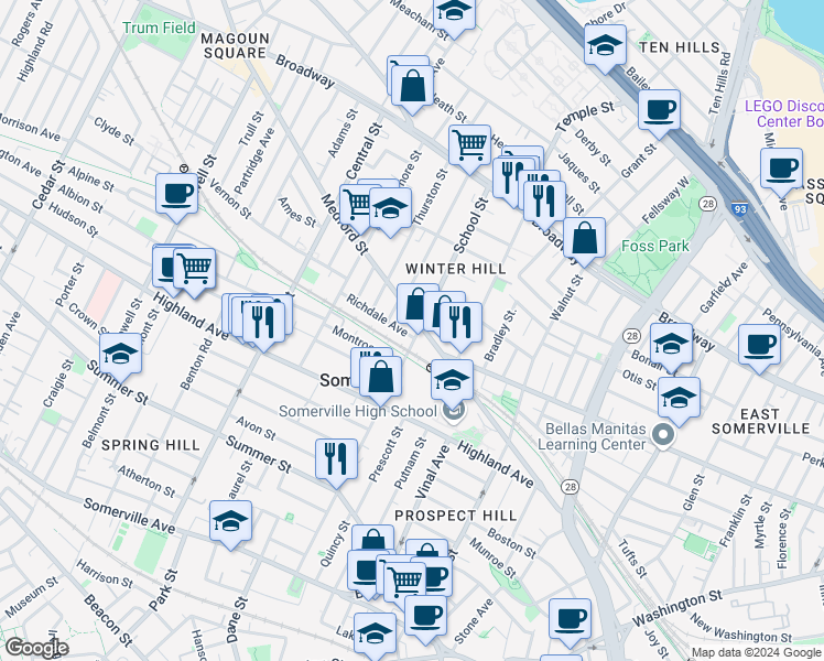 map of restaurants, bars, coffee shops, grocery stores, and more near in Somerville