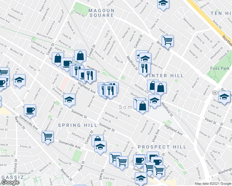 map of restaurants, bars, coffee shops, grocery stores, and more near 149a Highland Avenue in Somerville