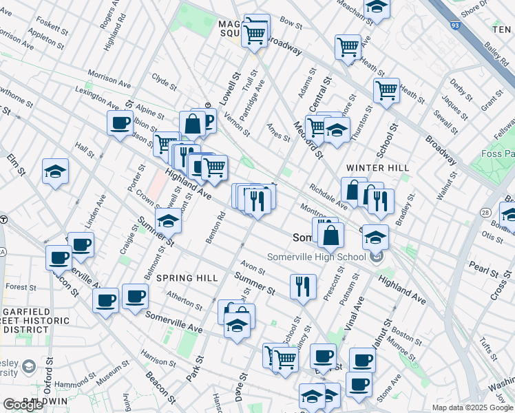 map of restaurants, bars, coffee shops, grocery stores, and more near 149a Highland Avenue in Somerville
