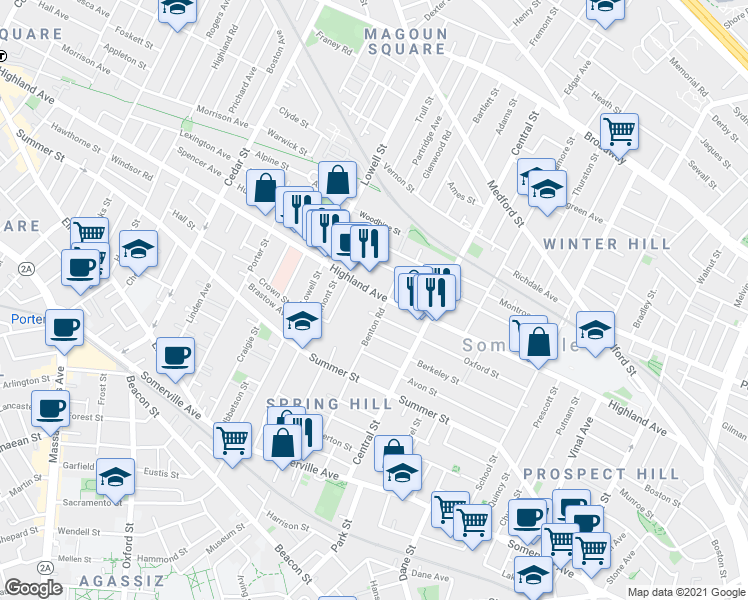 map of restaurants, bars, coffee shops, grocery stores, and more near 44 Benton Road in Somerville