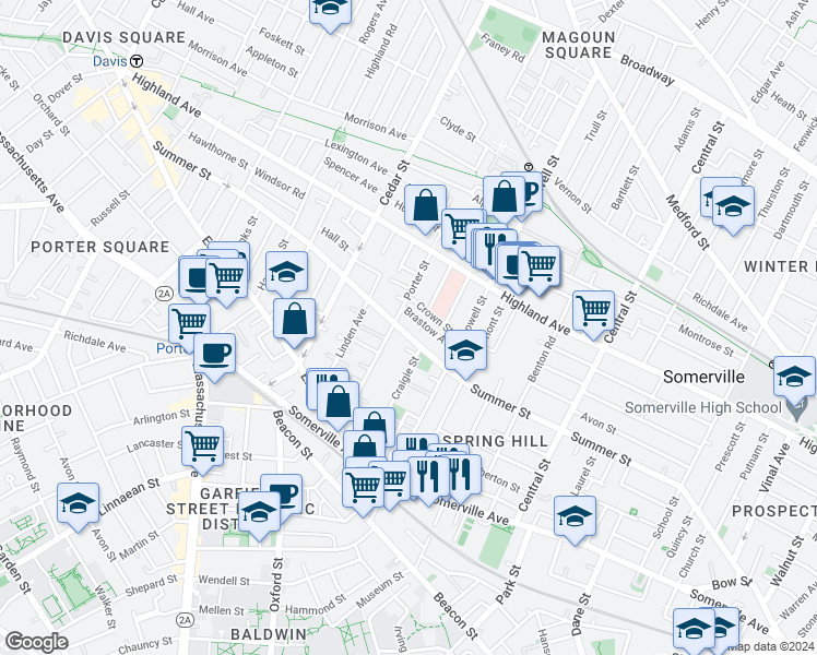 map of restaurants, bars, coffee shops, grocery stores, and more near 215 Summer Street in Somerville