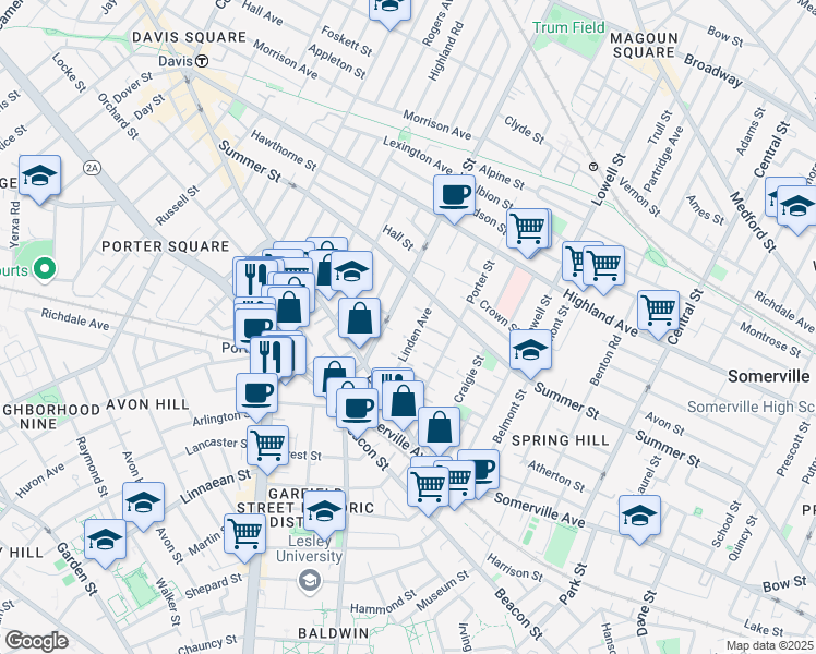 map of restaurants, bars, coffee shops, grocery stores, and more near 29a Linden Avenue in Somerville
