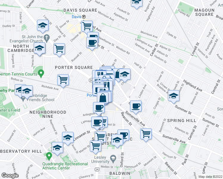map of restaurants, bars, coffee shops, grocery stores, and more near in Cambridge
