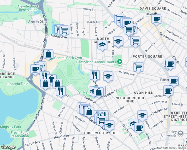 map of restaurants, bars, coffee shops, grocery stores, and more near 91 Sherman Street in Cambridge