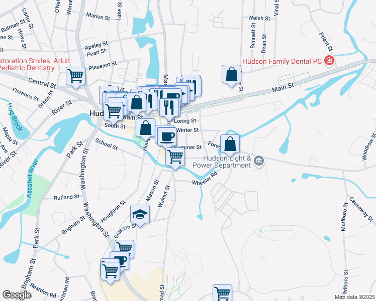 map of restaurants, bars, coffee shops, grocery stores, and more near 27 Water Street in Hudson
