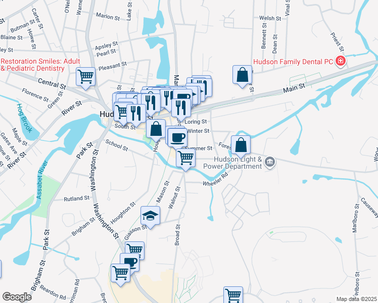 map of restaurants, bars, coffee shops, grocery stores, and more near 50 Broad Street in Hudson