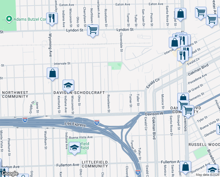 map of restaurants, bars, coffee shops, grocery stores, and more near 13651 Roselawn Street in Detroit