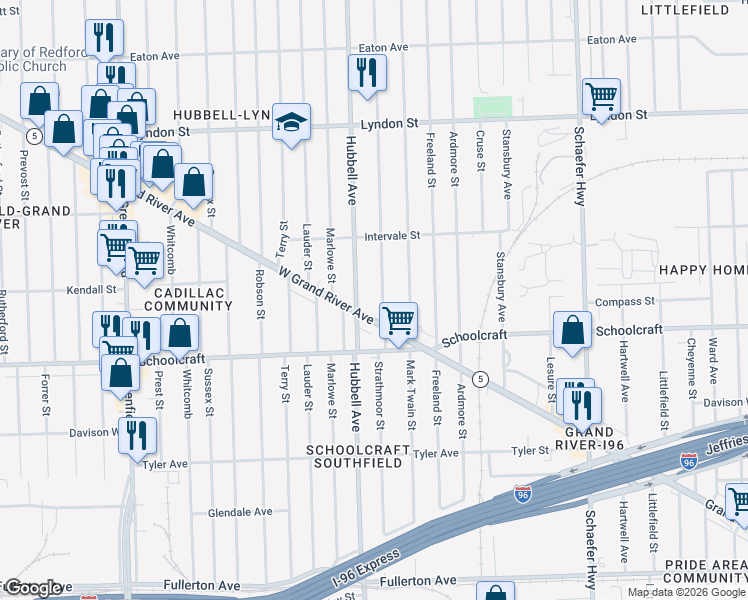 map of restaurants, bars, coffee shops, grocery stores, and more near in Detroit