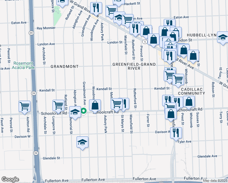 map of restaurants, bars, coffee shops, grocery stores, and more near 14008 Mettetal Street in Detroit