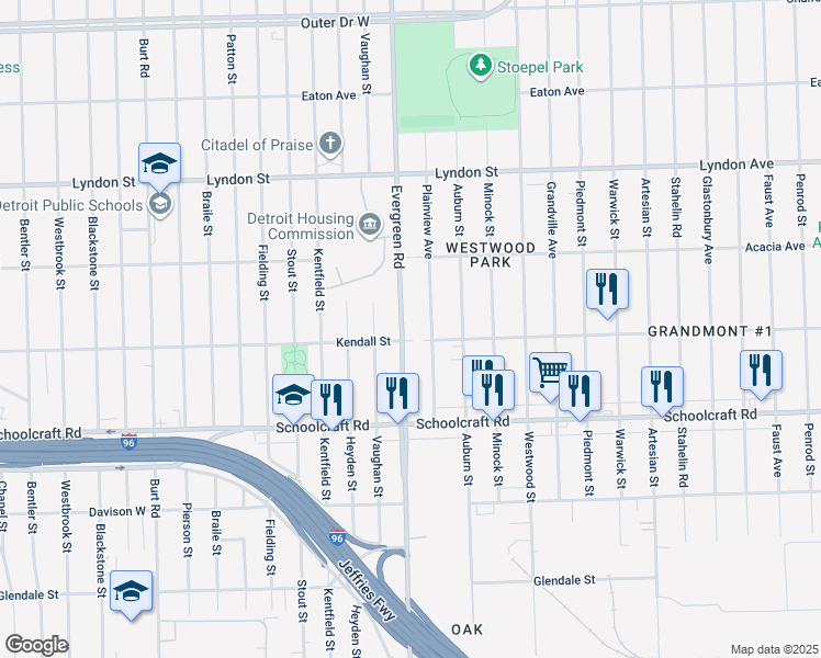 map of restaurants, bars, coffee shops, grocery stores, and more near 14056 Evergreen Road in Detroit
