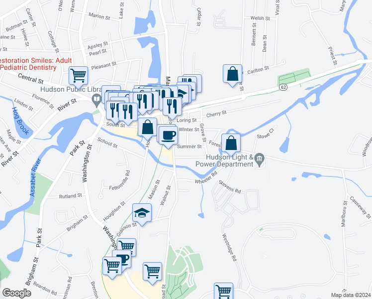 map of restaurants, bars, coffee shops, grocery stores, and more near 15 Summer Street in Hudson