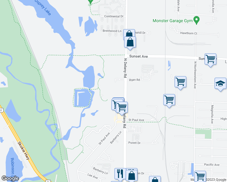 map of restaurants, bars, coffee shops, grocery stores, and more near 2022 Greystem Circle in Gurnee