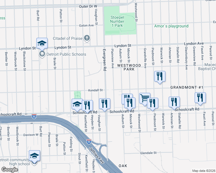 map of restaurants, bars, coffee shops, grocery stores, and more near 14056 Evergreen Road in Detroit