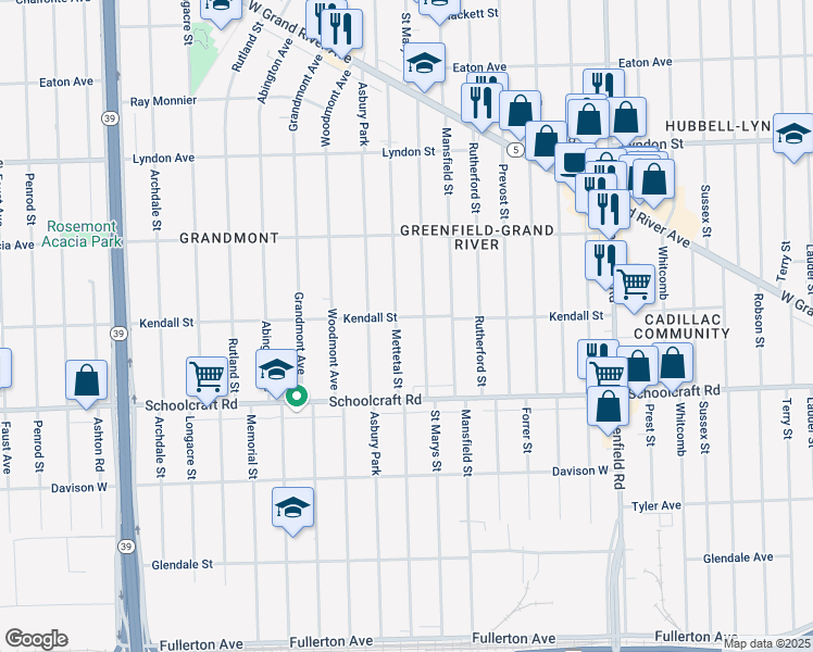 map of restaurants, bars, coffee shops, grocery stores, and more near 14008 Mettetal Street in Detroit
