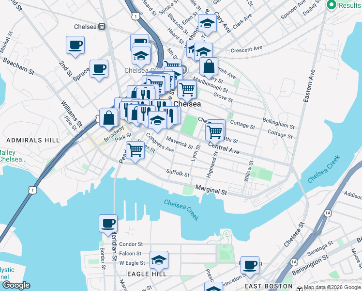 map of restaurants, bars, coffee shops, grocery stores, and more near 54 Shawmut Street in Chelsea