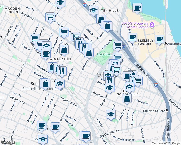 map of restaurants, bars, coffee shops, grocery stores, and more near 67 Bonair Street in Somerville