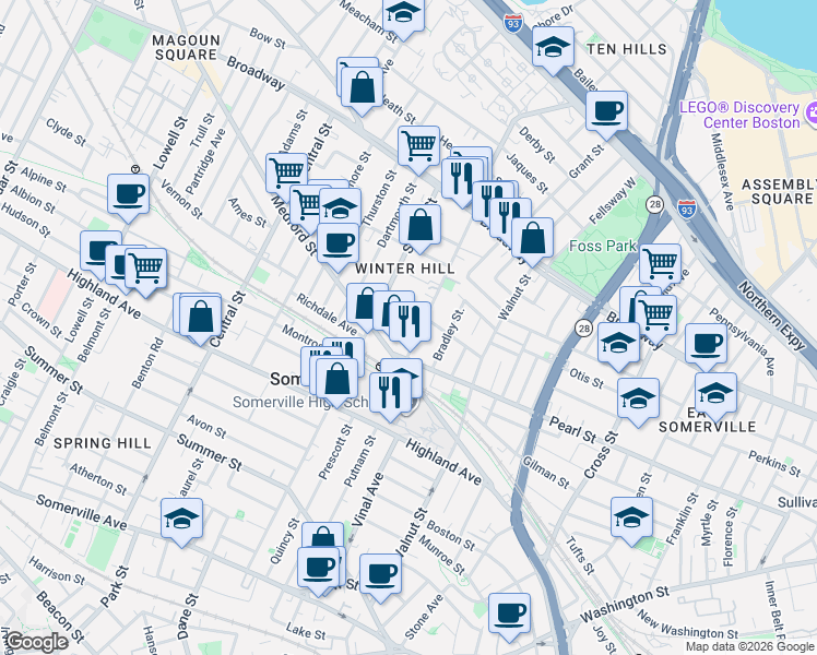 map of restaurants, bars, coffee shops, grocery stores, and more near 7 Stickney Avenue in Somerville