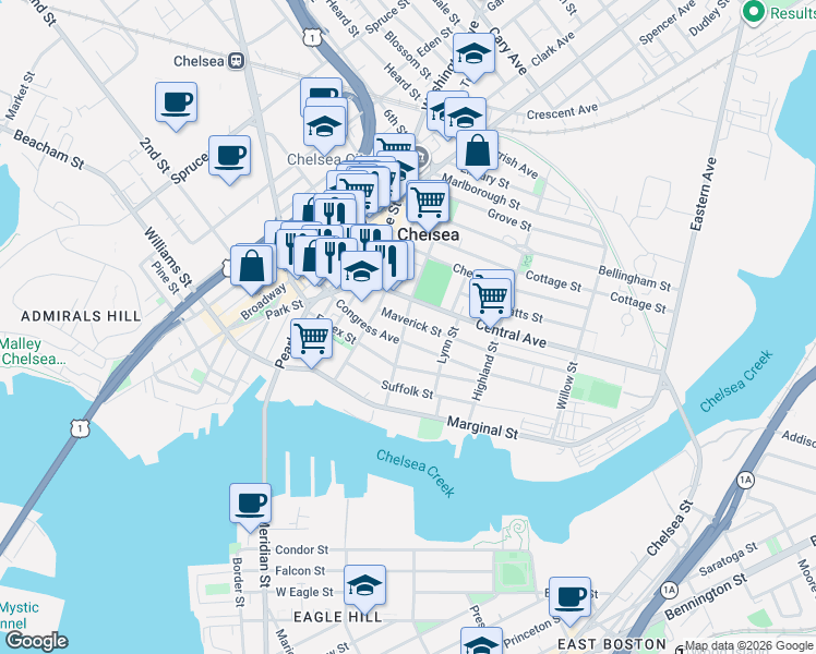 map of restaurants, bars, coffee shops, grocery stores, and more near 54 Shawmut Street in Chelsea