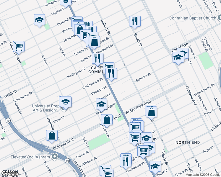 map of restaurants, bars, coffee shops, grocery stores, and more near Woodward Avenue in Detroit