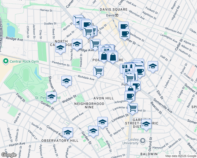 map of restaurants, bars, coffee shops, grocery stores, and more near 77 Walden Street in Cambridge