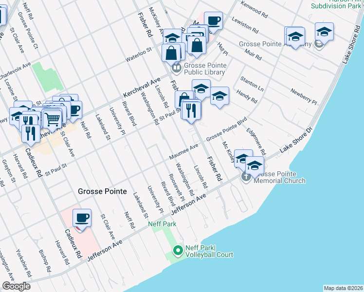 map of restaurants, bars, coffee shops, grocery stores, and more near 17720 Maumee Avenue in Grosse Pointe