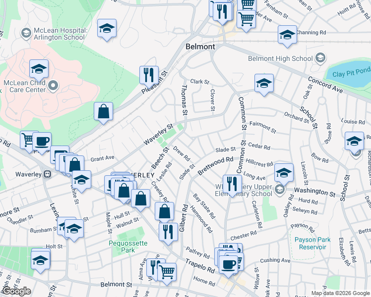 map of restaurants, bars, coffee shops, grocery stores, and more near 28 Upland Road in Belmont