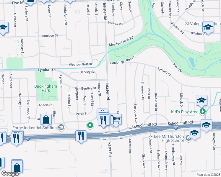 map of restaurants, bars, coffee shops, grocery stores, and more near 14224 Inkster Road in Redford Charter Township