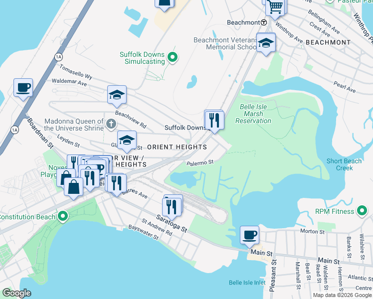 map of restaurants, bars, coffee shops, grocery stores, and more near 1200 Bennington Street in Boston