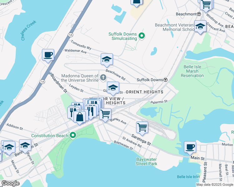 map of restaurants, bars, coffee shops, grocery stores, and more near 195 Leyden Street in Boston