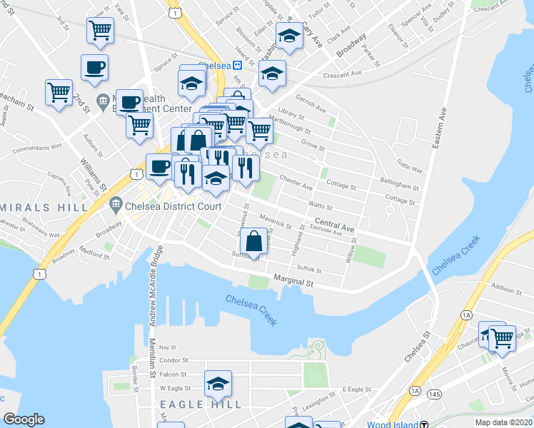map of restaurants, bars, coffee shops, grocery stores, and more near 154 Congress Avenue in Chelsea