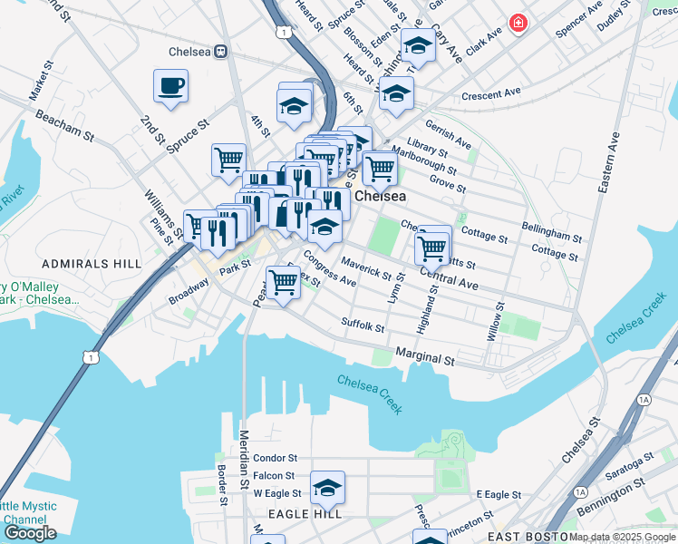 map of restaurants, bars, coffee shops, grocery stores, and more near 53 Essex Street in Chelsea