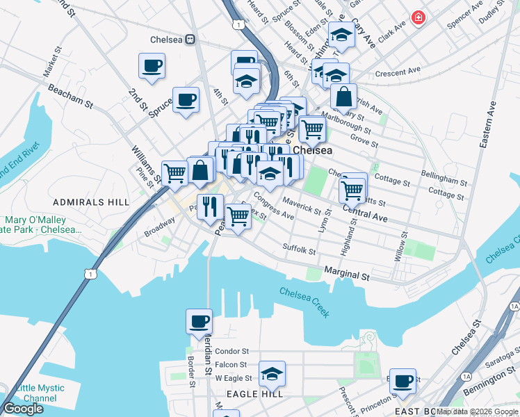 map of restaurants, bars, coffee shops, grocery stores, and more near 53 Essex Street in Chelsea