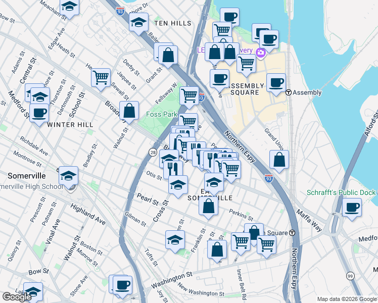 map of restaurants, bars, coffee shops, grocery stores, and more near 149 Broadway in Somerville